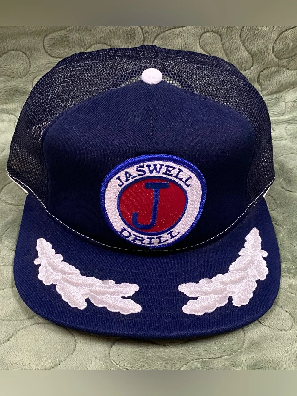 VTG 80s SnapBack Trucker Hat, Jaswell Drill, Navy Blue Mesh, White Scrambled Egg